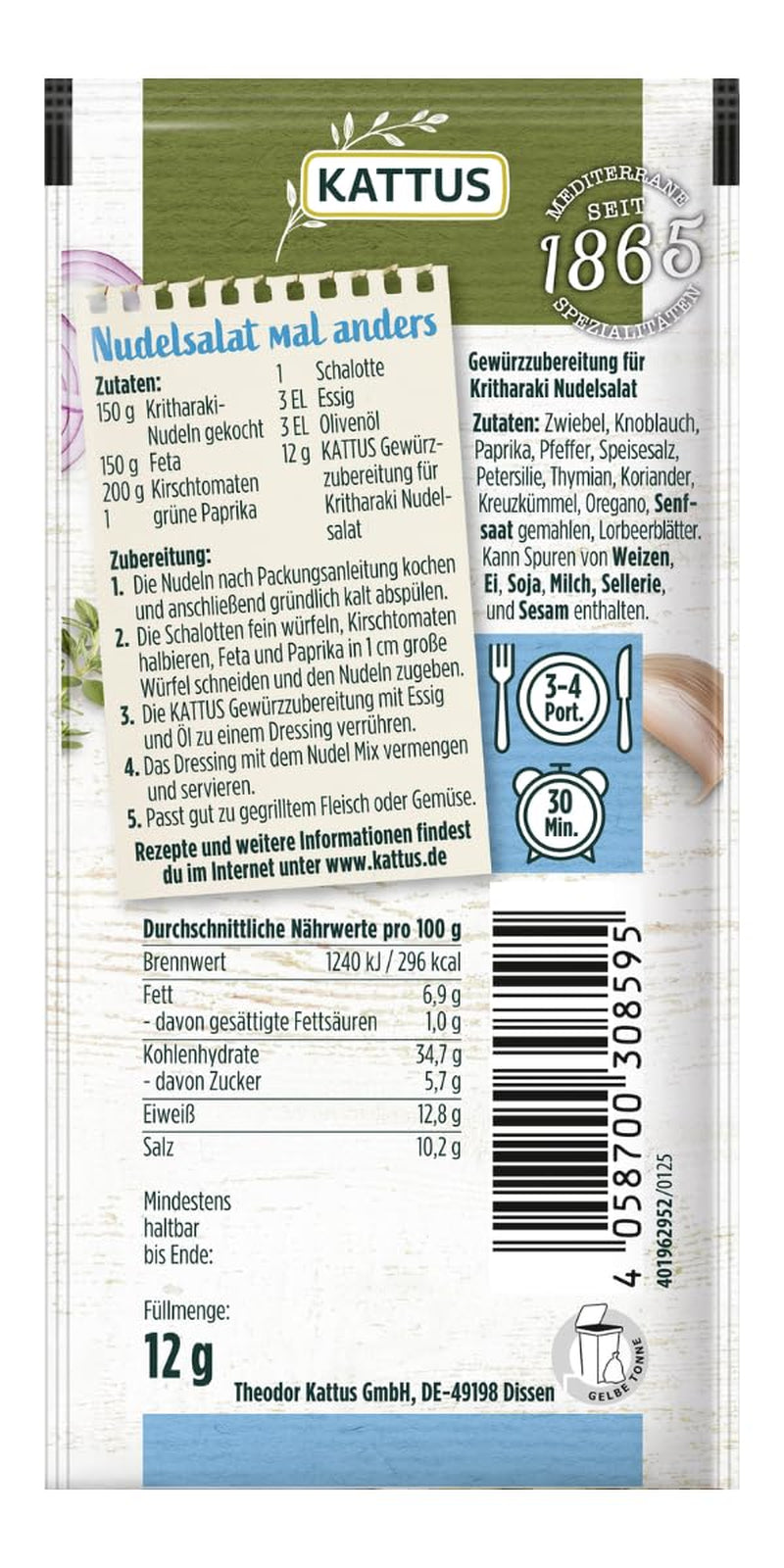 - Kritharaki-Nudelsalat Gewürzzubereitung | Assaisonnement pour 3-4 portions | Ohne Zusatz von Fefeextrakt, Aroma et Zusatzstoffen | 12 g en sachet