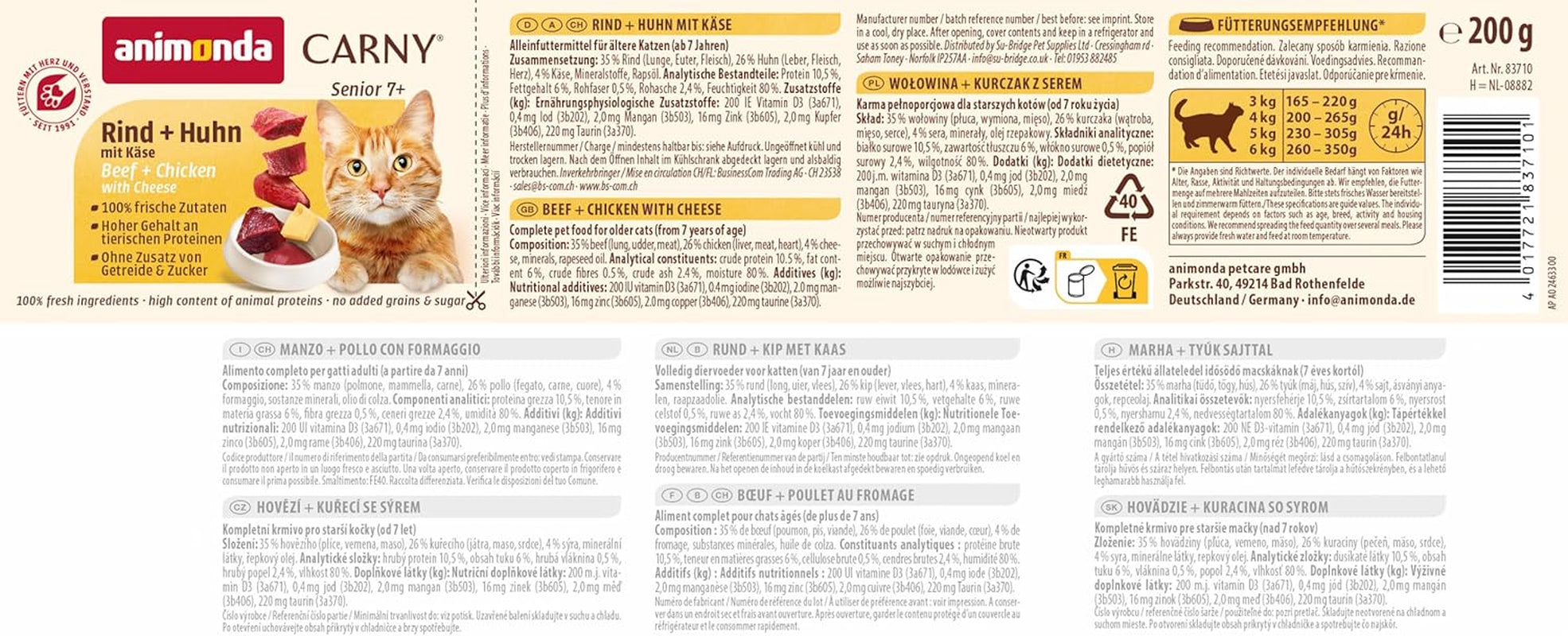 Animonda Carny Senior Nourriture humide pour chats au bœuf + poulet + fromage (6 x 200 g), nourriture humide sans céréales et sans sucre pour chats de 7 ans et plus, avec des ingrédients frais et carnés