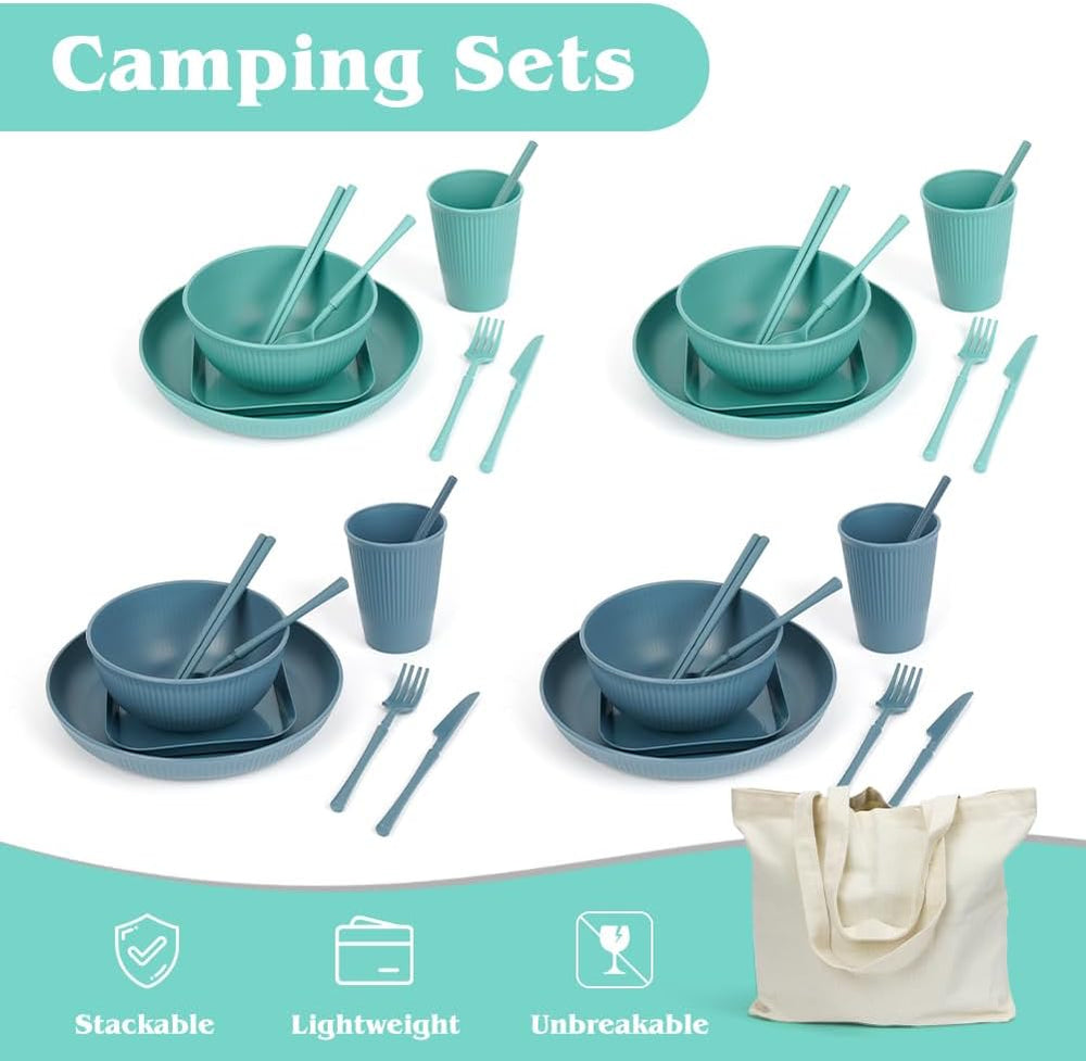 Ensemble de vaisselle de camping 53 pièces pour 4 personnes, vaisselle de camping indestructible pour 4 personnes, ensemble de vaisselle en plastique léger avec sac de transport, assiettes et bols empilables, vaisselle de pique-nique de jardin pour barbecue