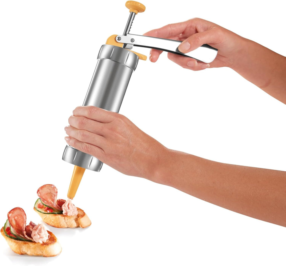 Presse à pâtisserie en acier inoxydable Tescoma DELÍCIA | Polyvalence maximale pour la décoration de biscuits et de gâteaux | 20 disques décoratifs et 4 buses de décoration | Durabilité et qualité |