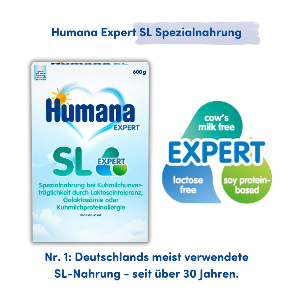 Humana SL Expert, dès la naissance, préparation spéciale pour l'intolérance au lait de vache causée par une intolérance au lactose, une galactosémie ou une allergie aux protéines du lait de vache, pour nourrissons et jeunes enfants, 600 g