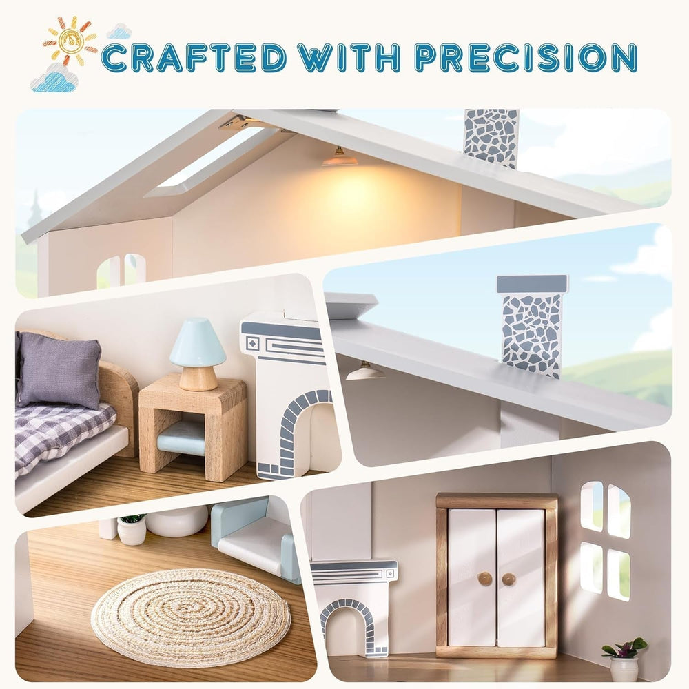Casă de păpuși din lemn cu lumini, 3 etaje, inclusiv mobilier și scări, jucărie pentru copii cu vârsta de peste 3 ani Casute de papusi Naty Shop