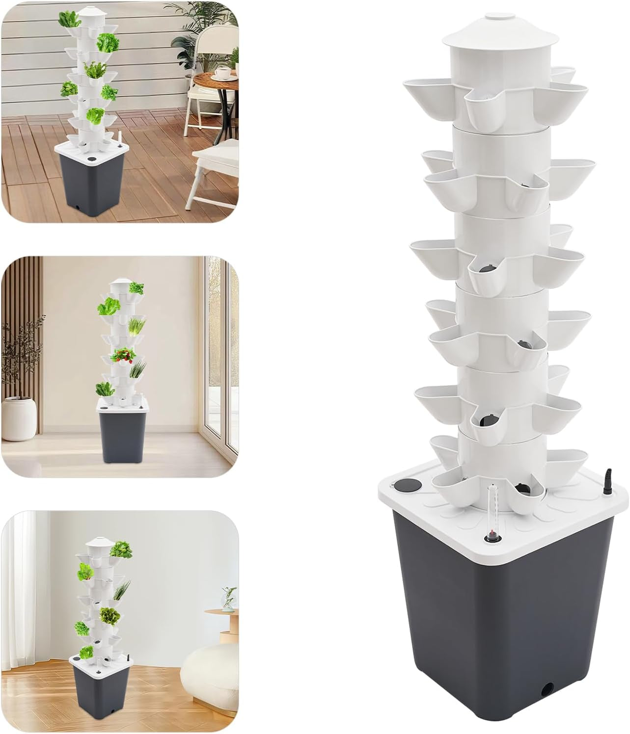 Tour hydroponique de 30 capsules, système de culture hydroponique de jardin, kit de culture hydroponique verticale à 6 niveaux, tour aéroponique avec pompe d'hydratation, adaptateur et lit de semence (gris)
