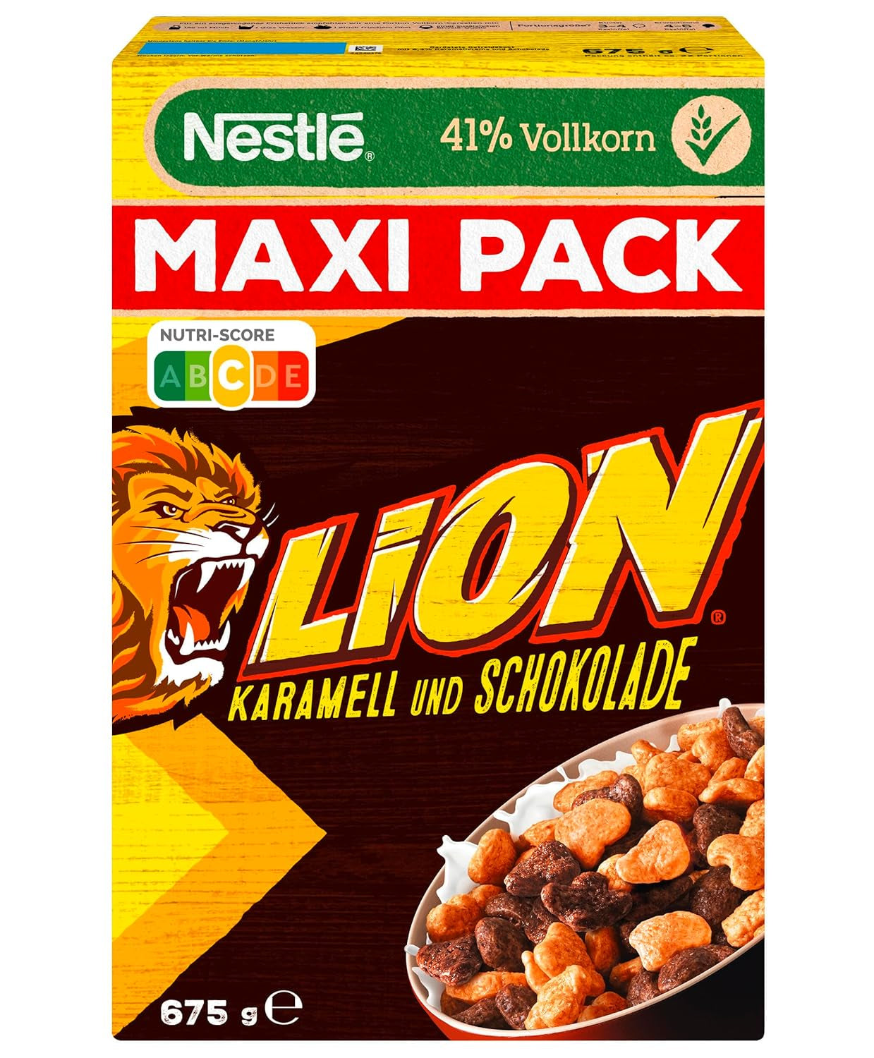 Nestlé Lion Céréales, Flocons de maïs aromatisés au chocolat et au caramel, 41 % de grains entiers vitaux, vitamines et minéraux, flocons croquants, paquet Maxi Value, paquet de 4 (4 x 675 g)