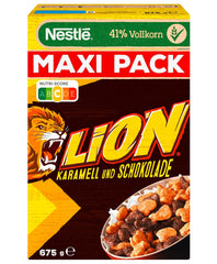 Nestlé Lion Céréales, Flocons de maïs aromatisés au chocolat et au caramel, 41 % de grains entiers vitaux, vitamines et minéraux, flocons croquants, paquet Maxi Value, paquet de 4 (4 x 675 g)