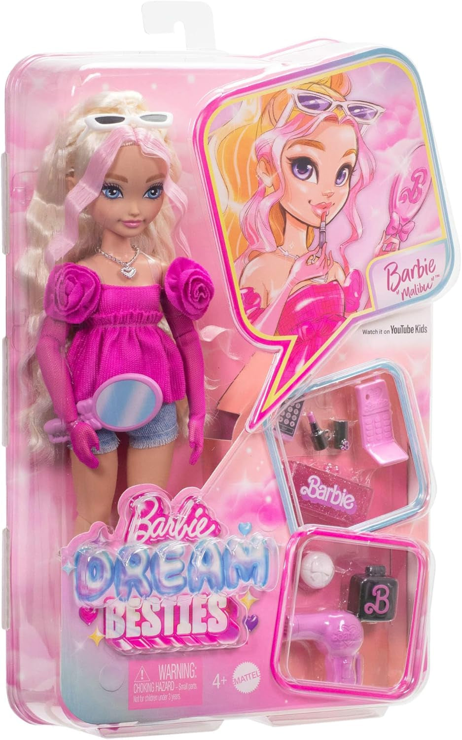 Poupée et accessoires Barbie Dream Besties, parfaite poupée Barbie Malibu avec cheveux blonds clairs, 11 pièces pour le maquillage et les cheveux à thème, HYC21