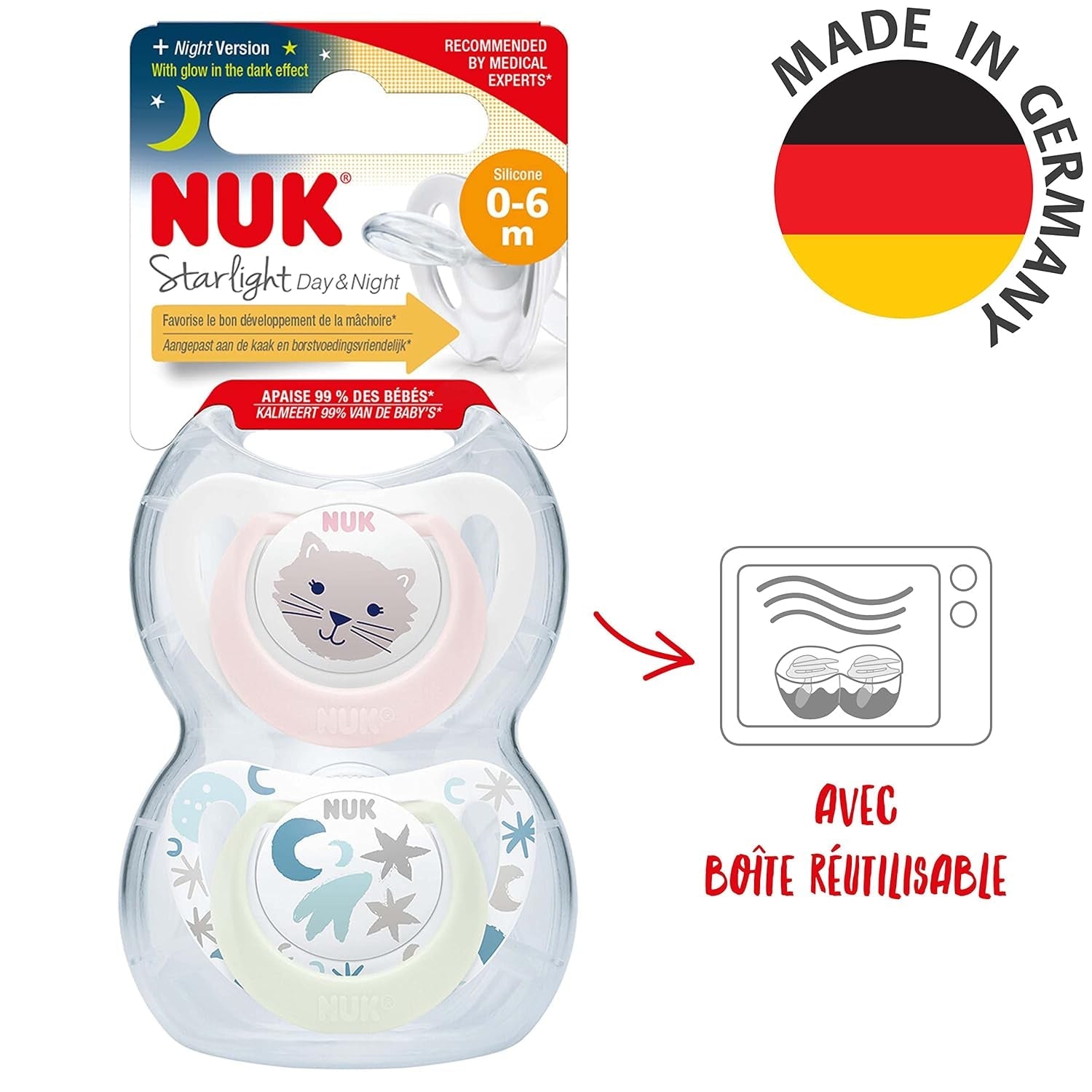 NUK Star Night & Day Sucette pour bébé 0-6 mois Glow In The Dark Silicone Sans BPA Chat Rose Lot de 2