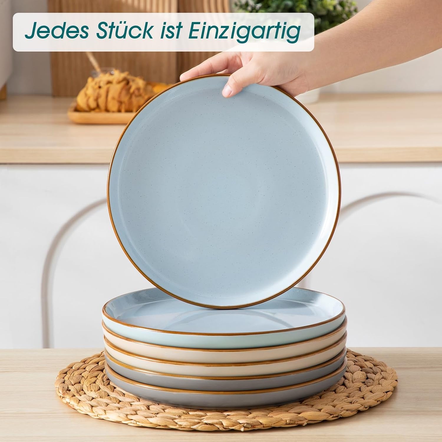 Ensemble de cuisine pour 6 personnes, vancasso RENO 24-tlg Steingut Teller Set Mix, Tafelservice mit je 6 Speiseteller, Dessertteller, Suppenteller, Müslischalen, Spülmaschinenfest & Mikrowellengeeignet, Mehrfarbig