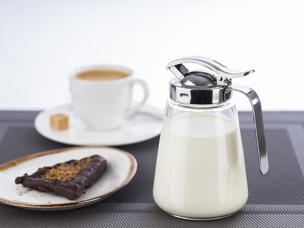 APS 765 Mug universel, mug verseur en verre avec bouchon à vis en acier inoxydable, mug verseur pour miel, café crème ou autres liquides, 8,5 x 12 cm, hauteur 13 cm