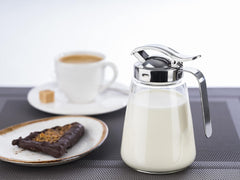 APS 765 Mug universel, mug verseur en verre avec bouchon à vis en acier inoxydable, mug verseur pour miel, café crème ou autres liquides, 8,5 x 12 cm, hauteur 13 cm