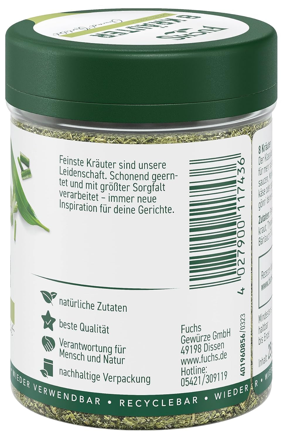Fuchs Gewürze - 8 Kräuter gerebelt - Kräutermischung für Marinaden, Fischgerichte oder Kräuter-Frischkäse - ingrédients naturels - 25 g en dose variable, recyclable