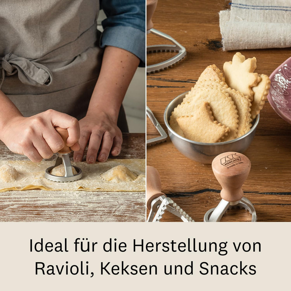 MARCATO Moule à raviolis et biscuits, machine à raviolis, moules à biscuits, bois massif et fonte d'aluminium, fabriqué en Italie, tampon rond de 58 mm