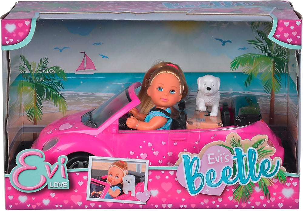 Simba 105731539 - Evi Love Beetle Evi's, Evi avec voiture, voiture : 22 cm, avec chien, poupée mannequin, 12 cm, pour enfants à partir de 3 ans
