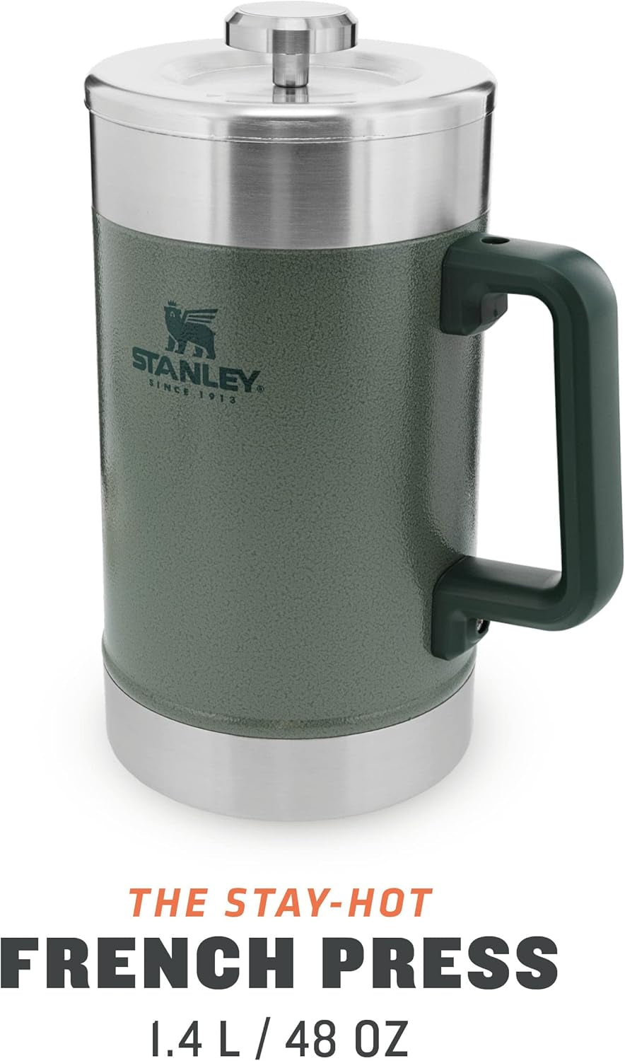 STANLEY Classic Stay Hot Coffee Press 1,4 L Hammertone Green - Garde le café chaud pendant 4 heures - Sédiment minimal - Presse à café intégrée en acier inoxydable - Sans BPA - Passe au lave-vaisselle