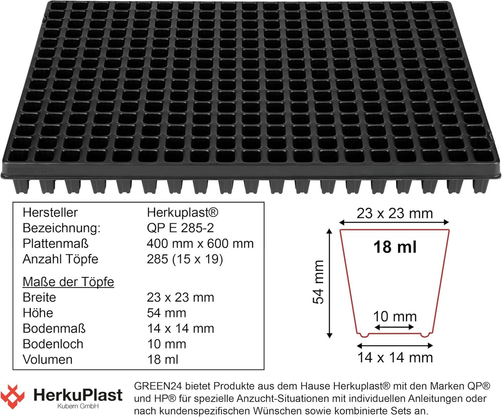 Système de propagation GW-285 composé d'un bac à eau professionnel GW657, d'un tapis capillaire assorti (absorption d'eau 3 L par m²) et d'un plateau à pots avec 285 pots (23x23 mm, hauteur 54 mm) en taille européenne (600x400 mm)