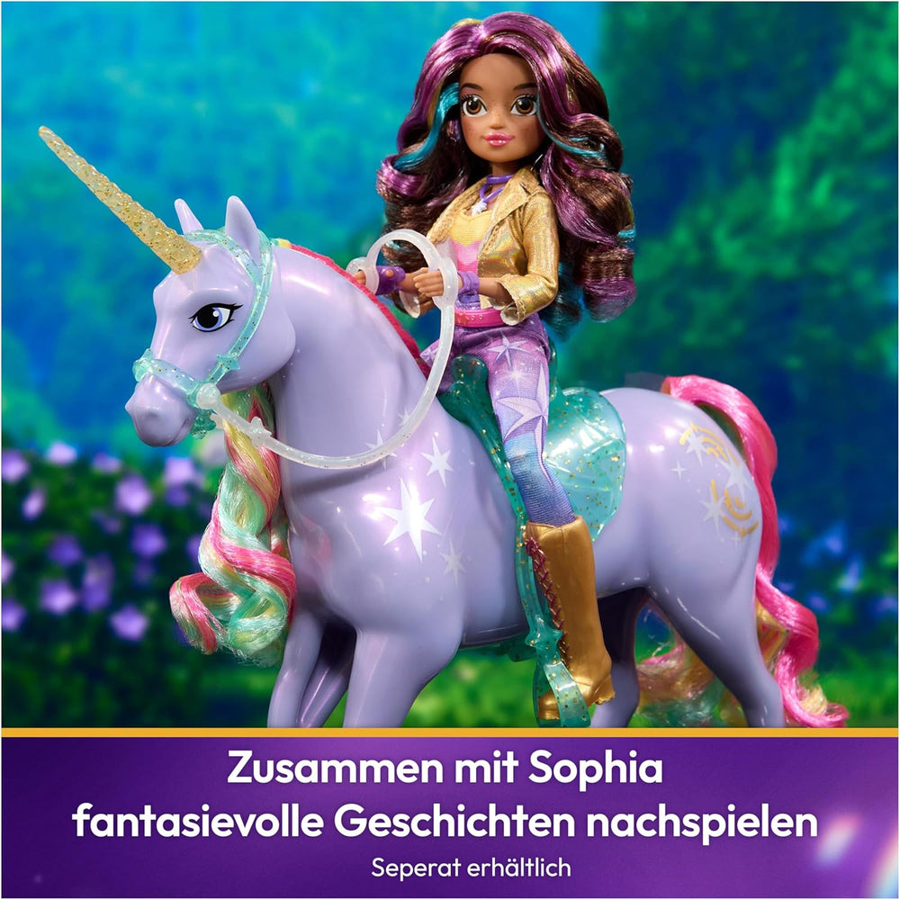 Wildstar Unicorn par Unicorn Academy - Licorne Sophia originale de 28 cm de haut de la série Netflix avec une vraie crinière et une vraie queue, une bride, une selle et une brosse amovibles, à partir de 4 ans