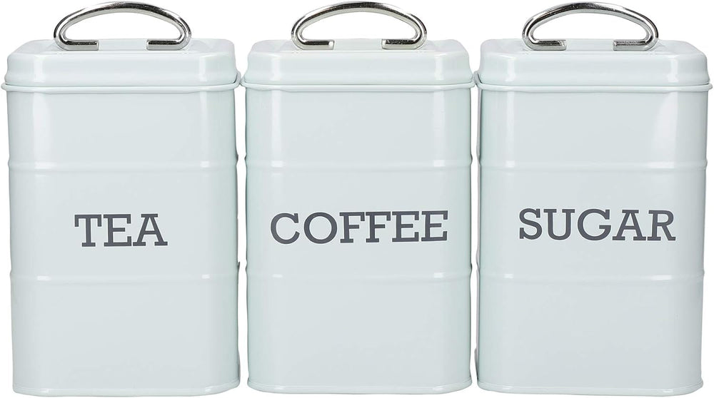 KitchenCraft Living Nostalgia Lot de 3 pots de conservation pour thé, sucre, café dans une boîte cadeau en acier crème antique 11 cm x 11 cm x 17 cm Boîtes de conservation vintage bleu Naty Shop crème antique