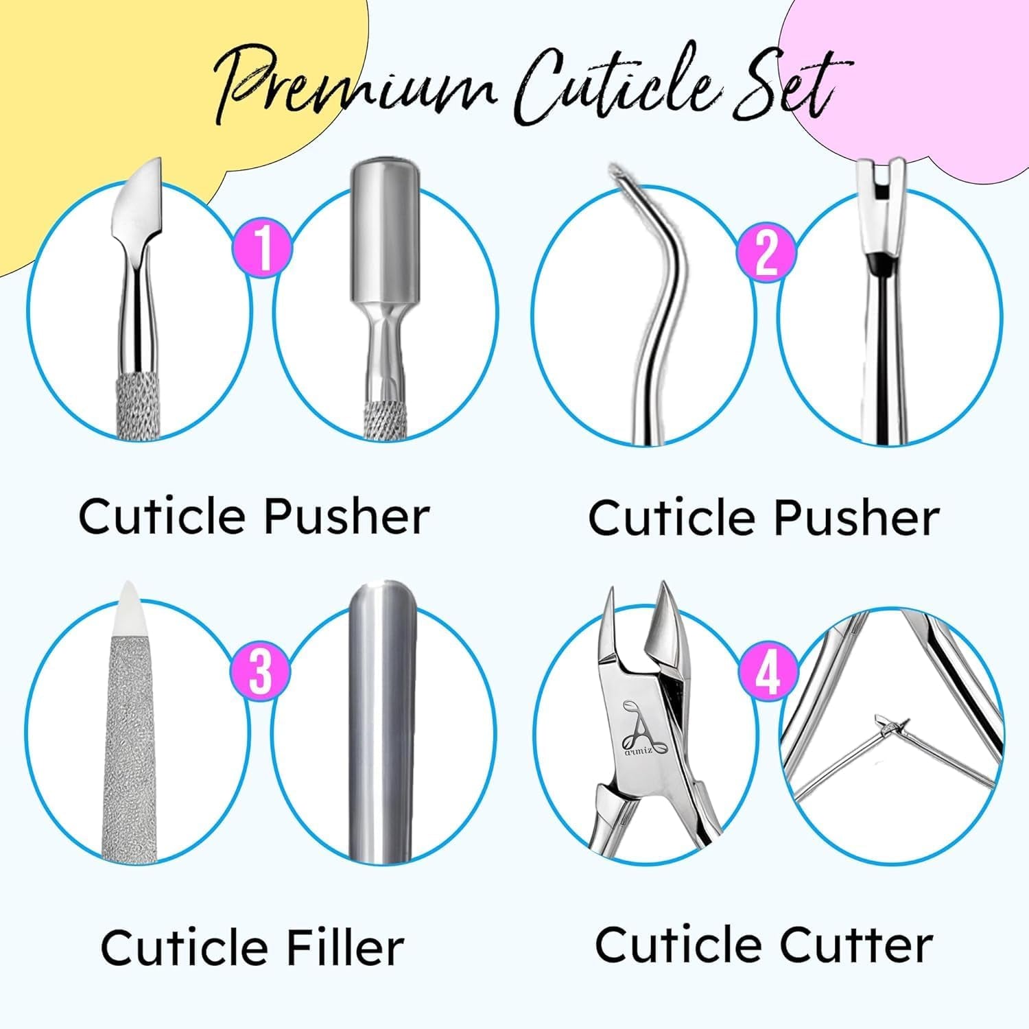 ARMIZ Ensemble 4 pièces repousse-cuticules et pinces, ensemble d'outils professionnels pour enlever les cuticules, pince multi-usages en acier inoxydable pour manucure et pédicure