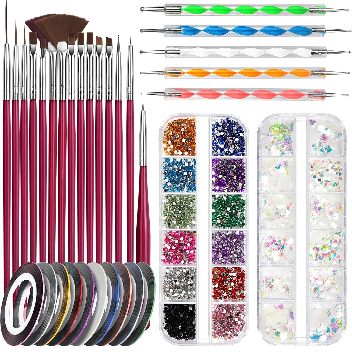 FANDAMEI Nail Art Brush Set, 15 pièces de pinceaux pour pinceaux à ongles en gel, 5 pièces de stylos à points, 10 rouleaux de pinceaux à bandes, des pinceaux à strass, des paillettes ultra fines pour vernis à ongles