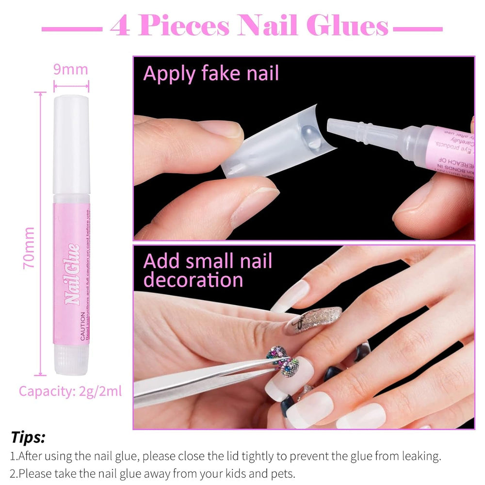 500 pièces de faux ongles artificiels français en acrylique, ensemble d'extensions d'ongles, accessoires de faux ongles avec 4 pièces de colle pour conception d'ongles en gel naturel