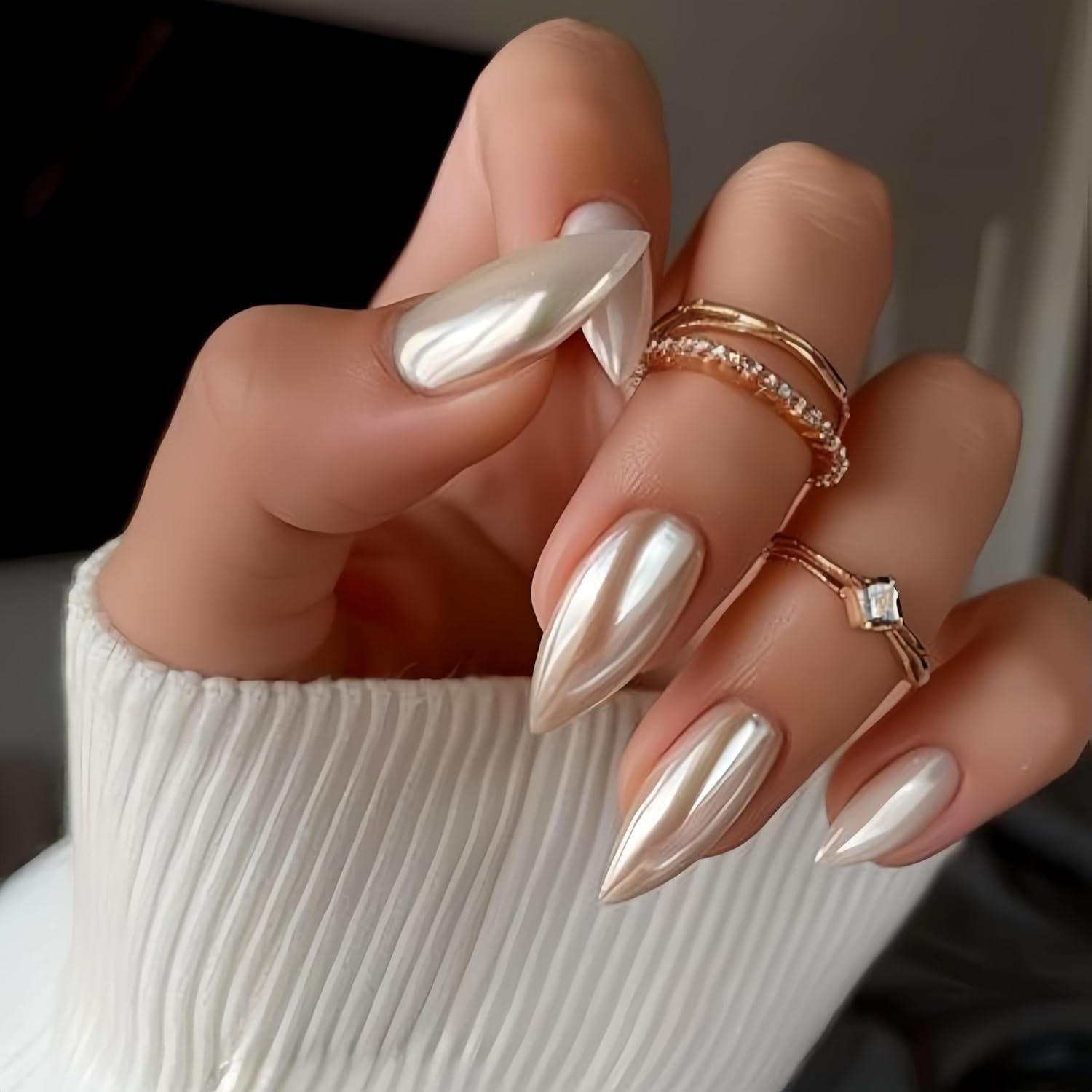 Ongles Chromés Autocollants - Colle Pailletée Brun Amande Moyen Sur Les Ongles Faux Ongles Pailletés Colle Sur Ongles Artificiels Ongles Acryliques Vernis Pour Femme 24 Pièces