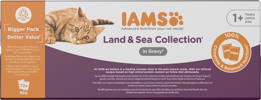 IAMS Delights Land & Sea Collection Hrană umedă pentru pisici - Pachet multiplu cu sortimente de carne și pește în sos, hrană umedă pentru pisici de la 1 an, 72 x 85 g