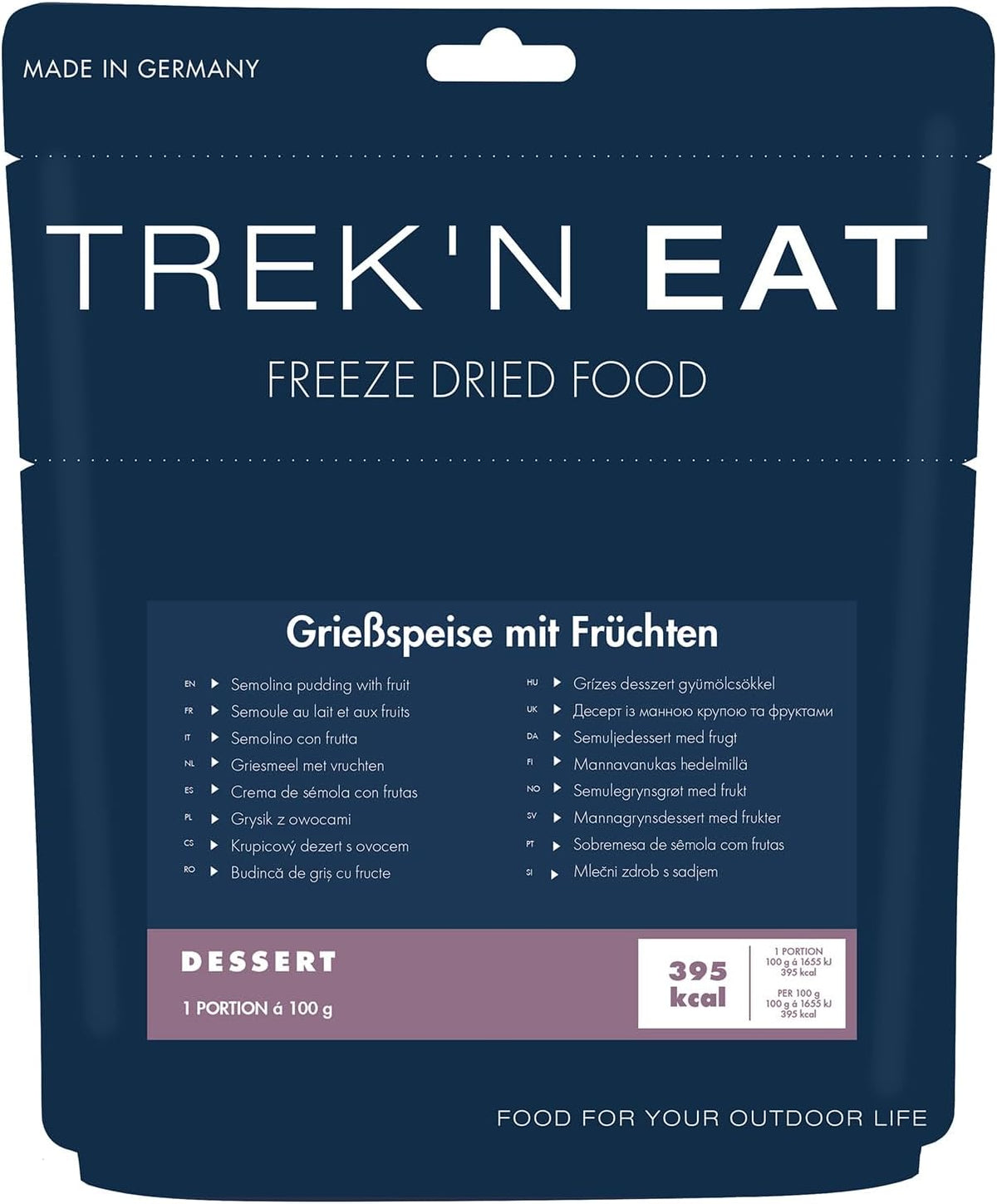 Trek'n Eat Fruity Semolina Pudding – Dessert crémeux à la semoule fruitée pour les activités de plein air, la randonnée et les fournitures d'urgence | Pudding de semoule prêt à l'emploi avec de l'eau, longue conservation, sans additifs