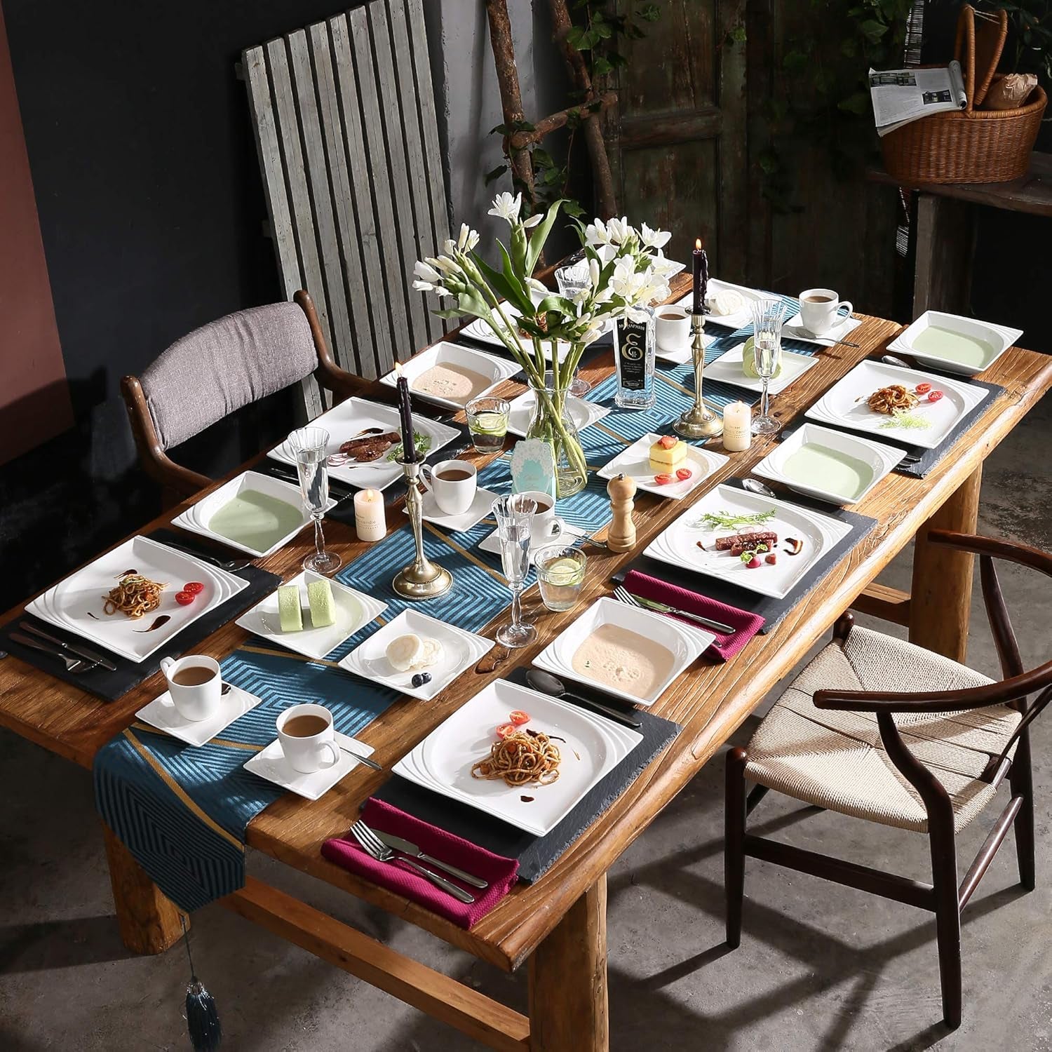 MALACASA, Série Monica, Service de table pour 12 personnes, Porcelaine blanc-crème, Service combiné avec 12 tasses à café, 12 soucoupes, 12 assiettes à dessert, 12 assiettes plates et 12 assiettes plates