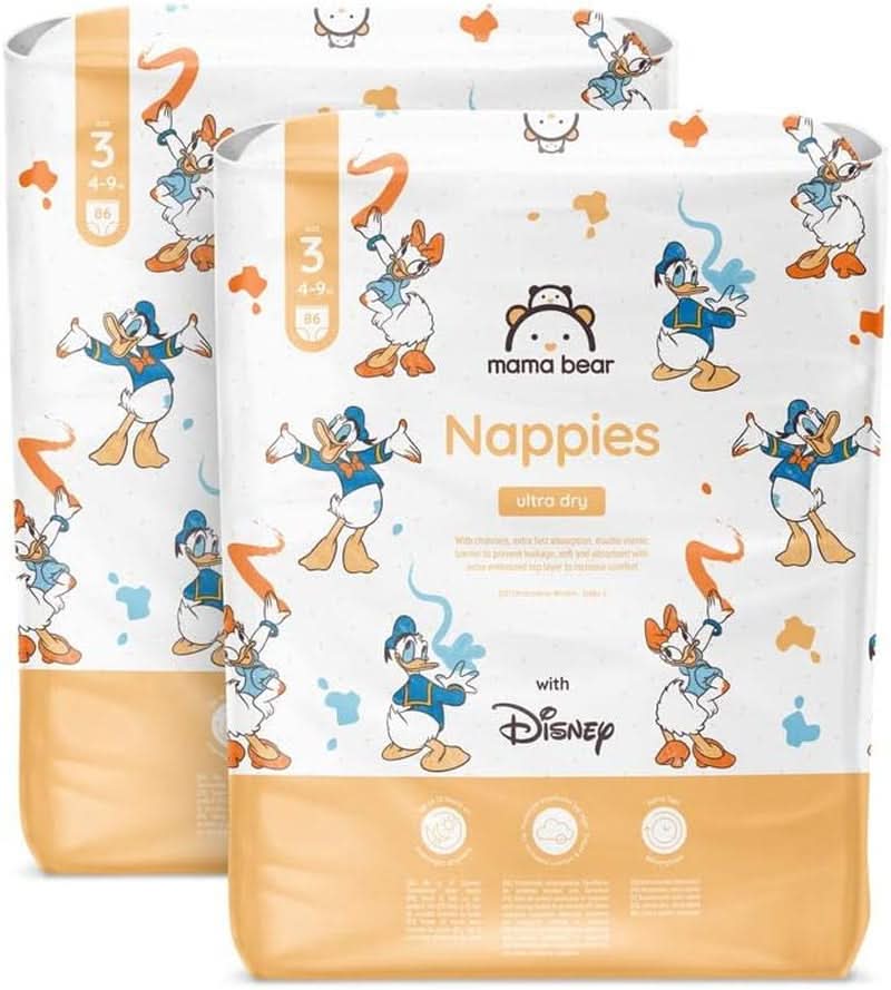 Couches Mama Bear Disney Ultra Dry taille 4 (8-14 kg), blanches, 84 pièces (1 paquet) Naty Shop taille 3 (4-9 kg) paquet mensuel