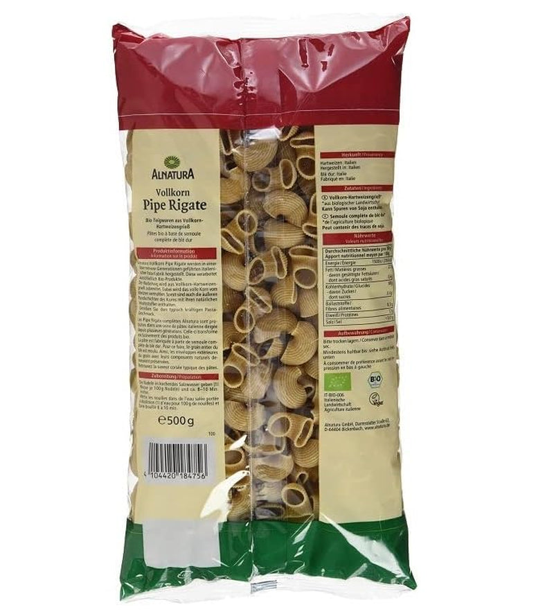 Pipe Rigate pâtes complètes biologiques, végétaliennes, 500 g