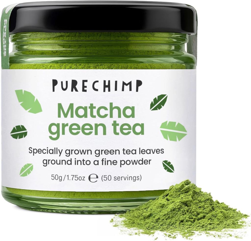 Pudră de matcha Purechimp de calitate ceremonială 50 g. Pudră de ceai 100% pură din culturi umbrite pentru latte, infuzii și rețete. Borcan reciclabil. Bogat în antioxidanți.