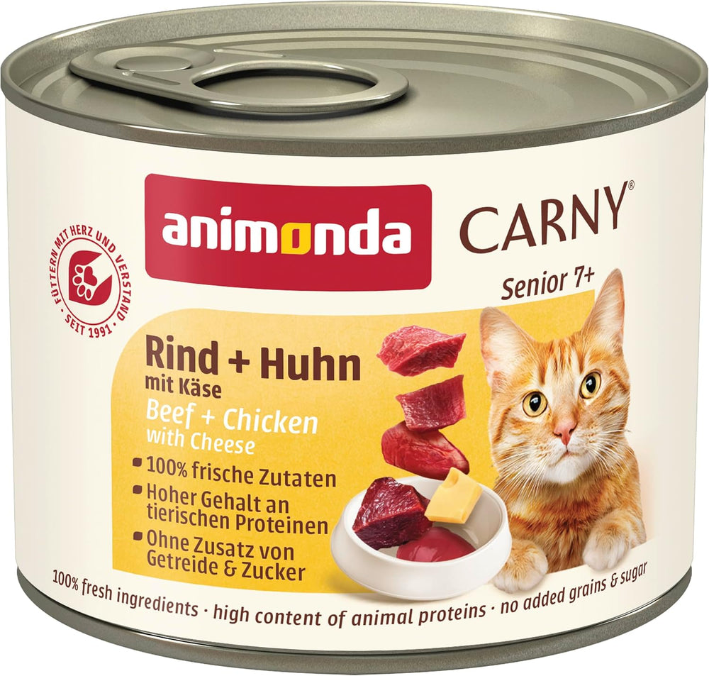 Animonda Carny Senior Nourriture humide pour chats au bœuf + poulet + fromage (6 x 200 g), nourriture humide sans céréales et sans sucre pour chats de 7 ans et plus, avec des ingrédients frais et carnés