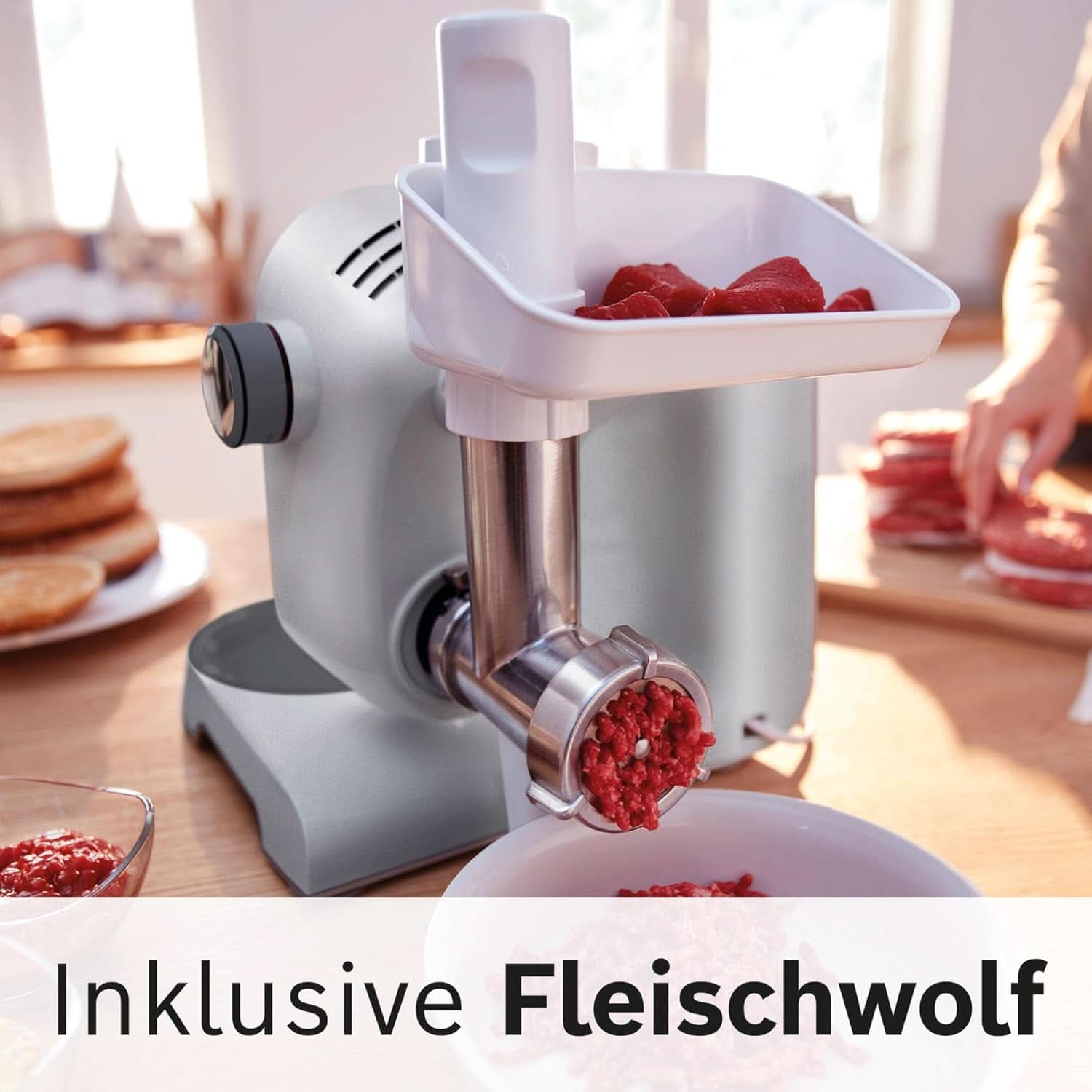 Bosch Küchenmaschine Serie 4 MUM56340, Schüssel 3,9 L, Mixer 1,25 L, Fleischwolf, Zitruspresse, Planetenrührwerk, Knethaken, Schlag-, Rührbesen, Durchlaufschnitzler, 3 Scheiben, 900 W, Silber/Grau Mother and Child Naty Shop