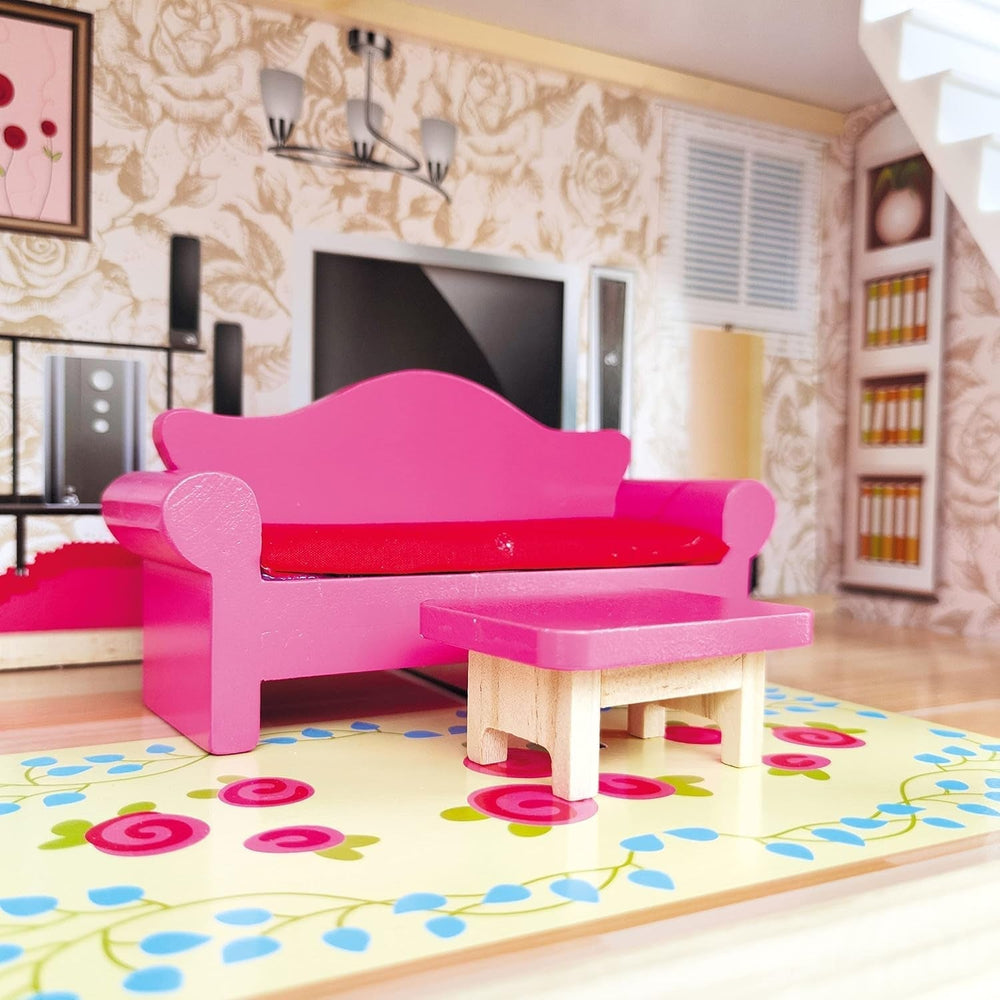 Bino World of Toys Casă de păpuși cu balcon, Jucărie pentru copii mici de la 3 ani, cu 3 etaje, scări, 4 camere și balcon incl. 15-TLG. Accesorii, Pentru a promova abilitățile copiilor, Design roz Casute de papusi Naty Shop