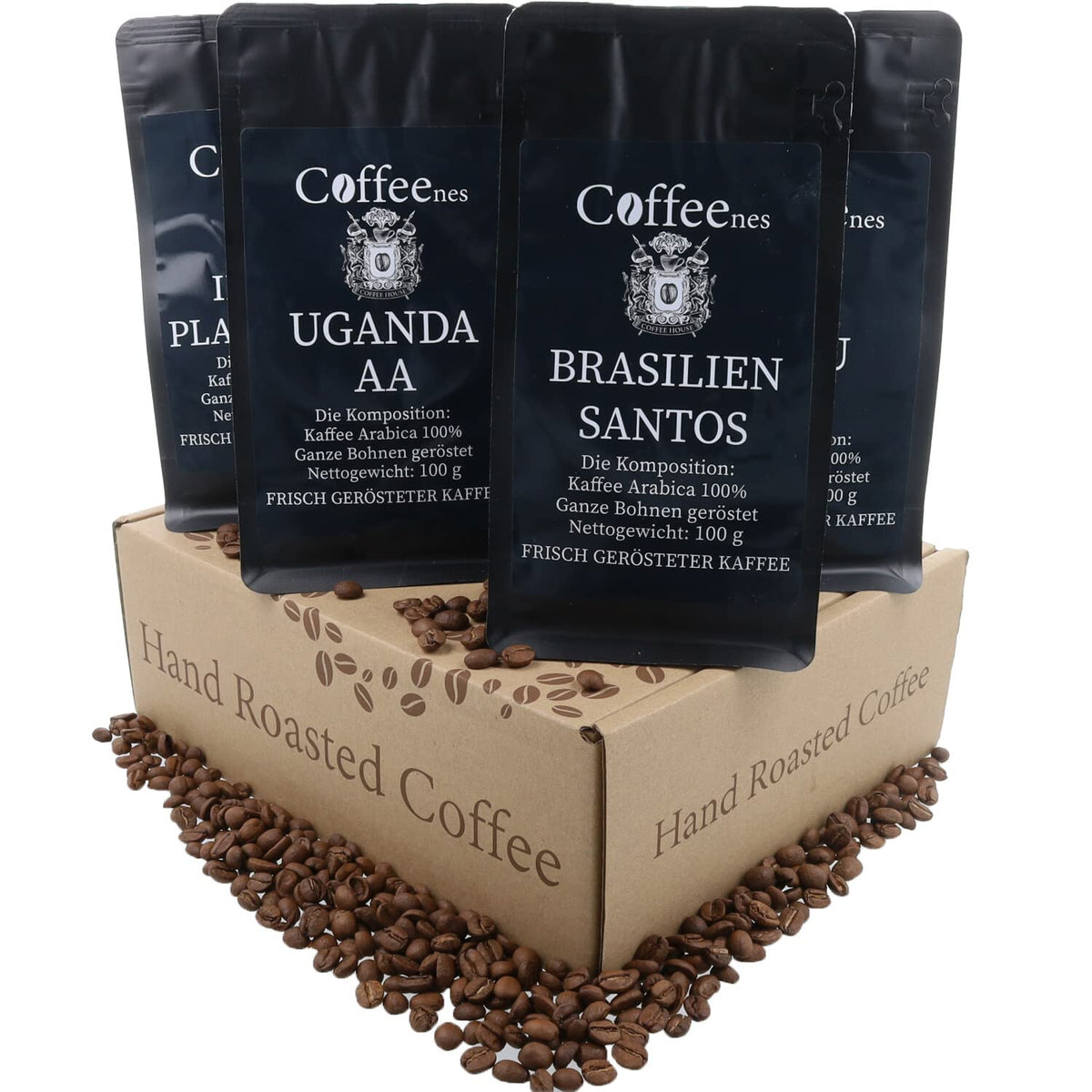 Coffeeness Kaffeebohnen Probierset – Kaffee Geschenk - 6 Sorten ganze Bohnen Arabica aus Brasilien, Pérou, Colombie, Tanzanie, Indien, Ouganda – 6 x 100g