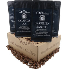 Coffeeness Kaffeebohnen Probierset – Kaffee Geschenk - 6 Sorten ganze Bohnen Arabica aus Brasilien, Pérou, Colombie, Tanzanie, Indien, Ouganda – 6 x 100g