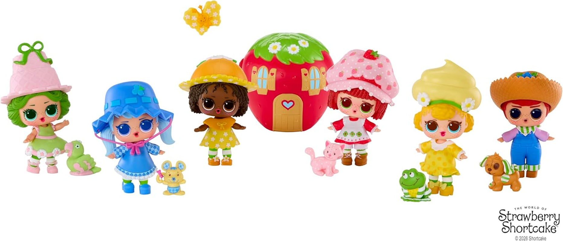 Mdr Surprise ! Loves Strawberry Shortcake Tots – Poupées parfumées à collectionner avec 7 surprises, animal de compagnie, mode, chaussures, chapeau, ensemble de jeu avec maison convertible Strawberry Shortcake, à partir de 4 ans