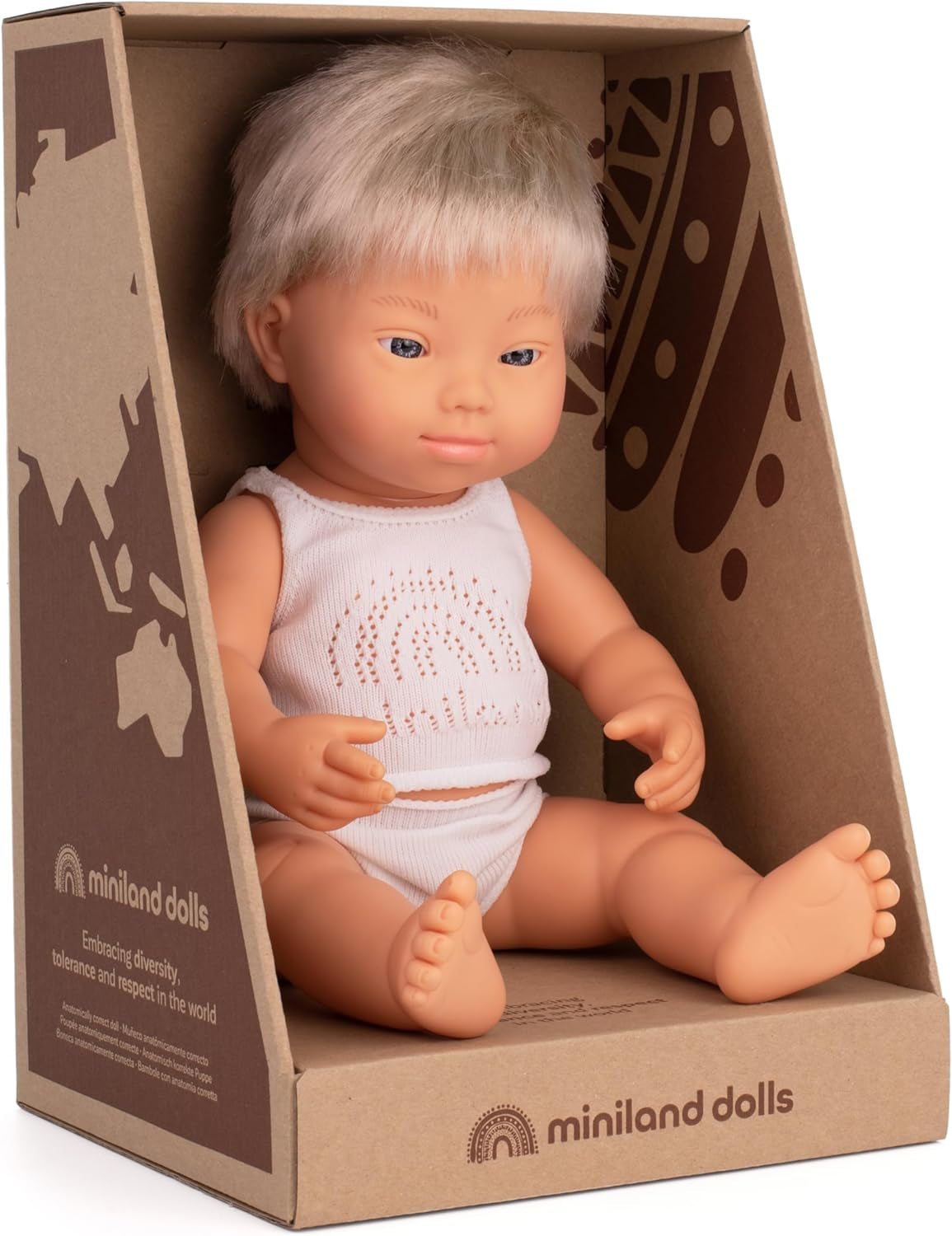 Miniland Dolls: europäische Babypuppe Junge, blond, mit Down Syndrom aus weichem Vinyl, 38 cm, präsentiert mit Unterwäsche in Geschenkbox (31263)
