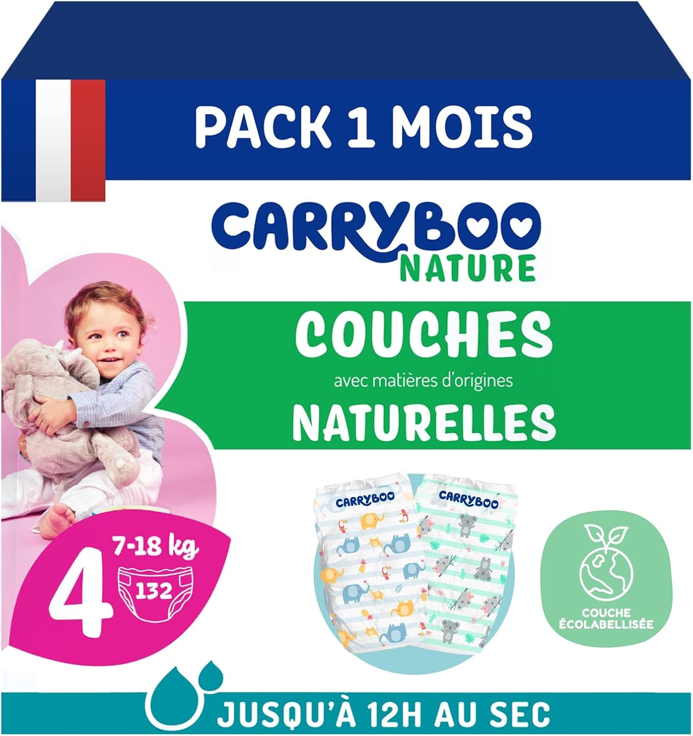 - Couche taille 4 (7 – 18 kg) – pour peaux sensibles – naturelle et très absorbante – étanche 12 heures – ohne unerwünschte Inhaltsstoffe – fabriquée en France – 132 couches