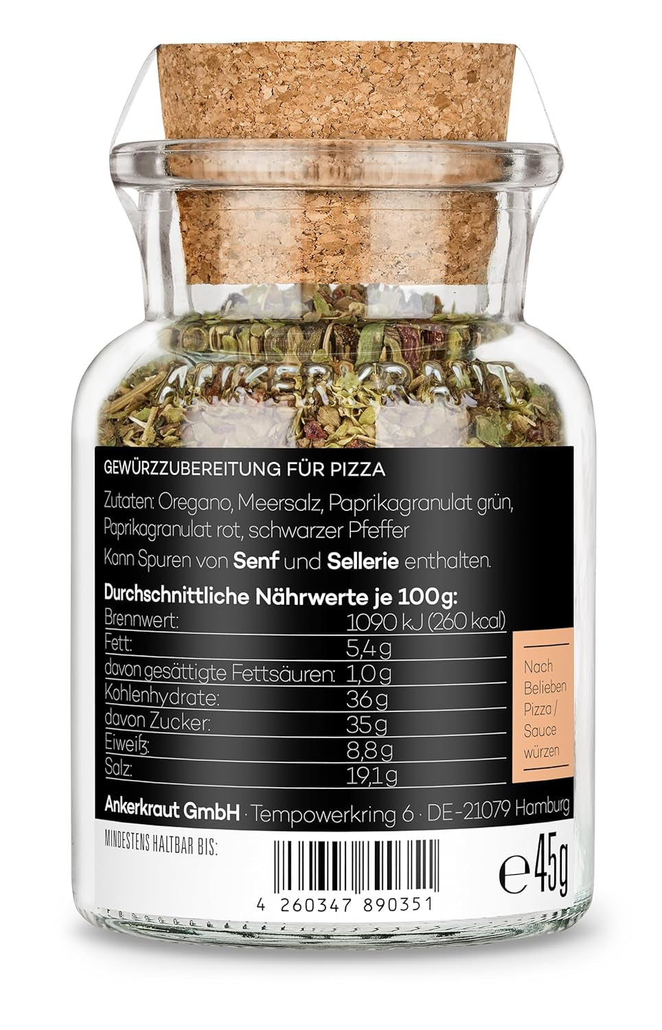 Ankerkraut Pizza, pour un goût italien original, comme celui du Steinofen, également pour les pâtes, la tomate-mozzarella et bien d'autres plats, 45 g dans un verre en liège