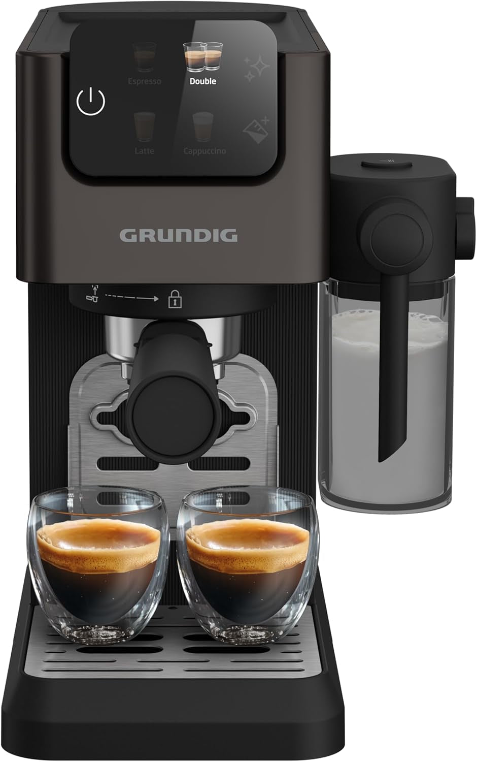 Espressor portafilter GRUNDIG KSM 5330 cu recipient de lapte integrat, putere 1628 W, presiune pompă 15 bar, duză dublă, afișaj tactil color, BrewSense, CreamyPro, Inox închis/Negru