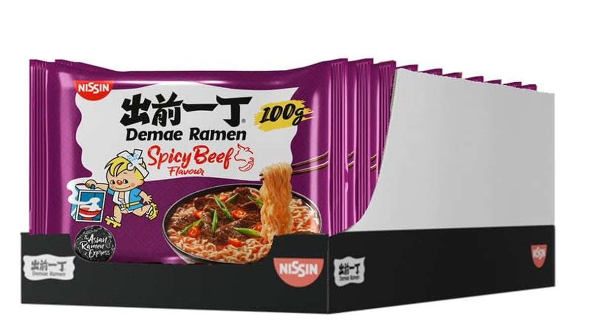Nissin Demae Ramen - Lot de 10 nouilles instantanées de style japonais avec saveur de bœuf et épices asiatiques, préparation rapide et facile de plats asiatiques (10 x 100 g)