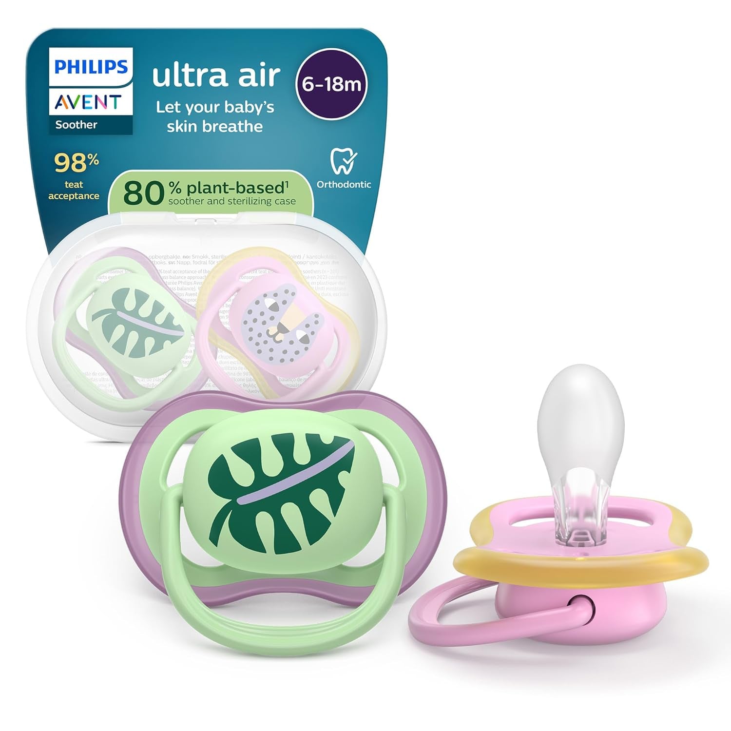 Sucettes Philips AVENT ultra air - pack de 4 sucettes respirantes sans BPA pour bébés de 6 à 18 mois, comprenant étui de transport et stérilisation, motif tortue/baleine (modèle SCF085/66)