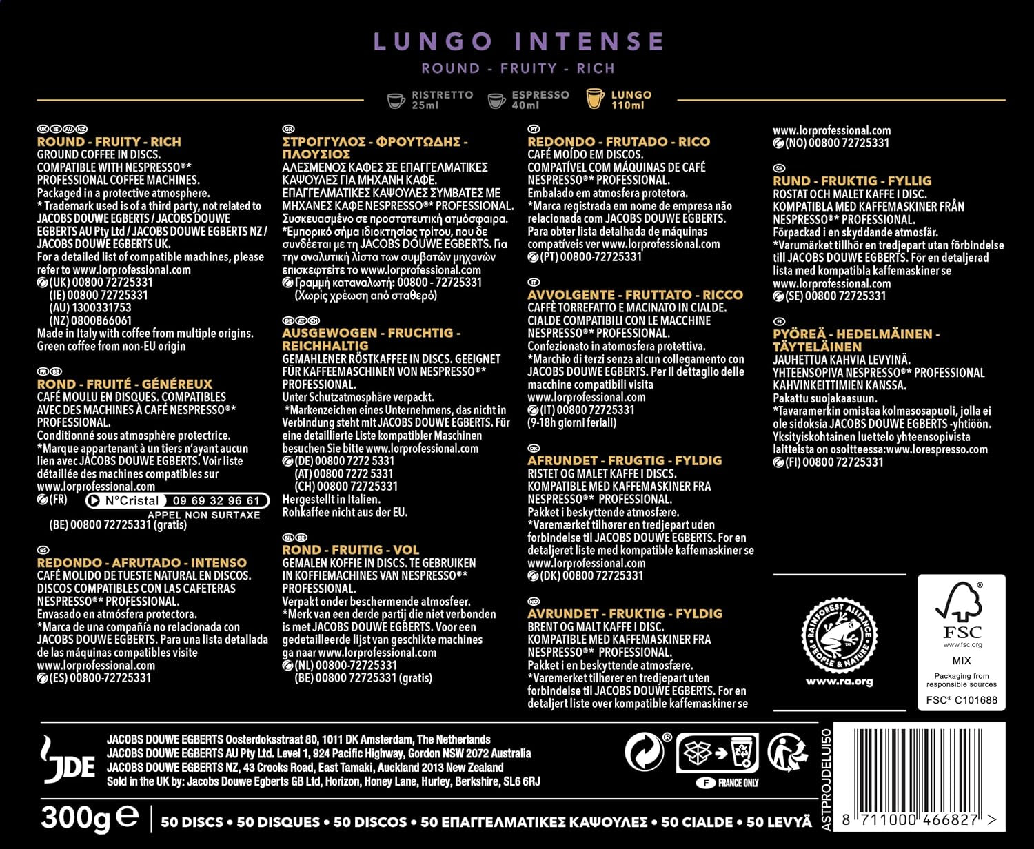 L'OR Suprême Lungo Intense 5, doux, Intensité 5/10, capsules de café compatibles Nespresso* Pro, 50 capsules