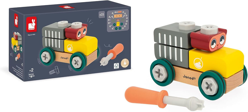 Janod - Mein erstes Konstruktionsspiel - Bären-Bastelauto - 25 Elements - Rollenspiel - Fördert Geschicklichkeit & Kreativität - Ab 24 Monaten - J06458