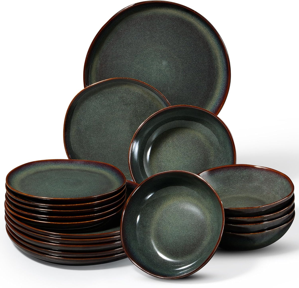 Service de table pour 6 personnes, 18 pièces, bols à céréales ronds irréguliers, assiettes à dessert, assiettes plates, résistant aux rayures, passe au micro-ondes, vert mousse réactif