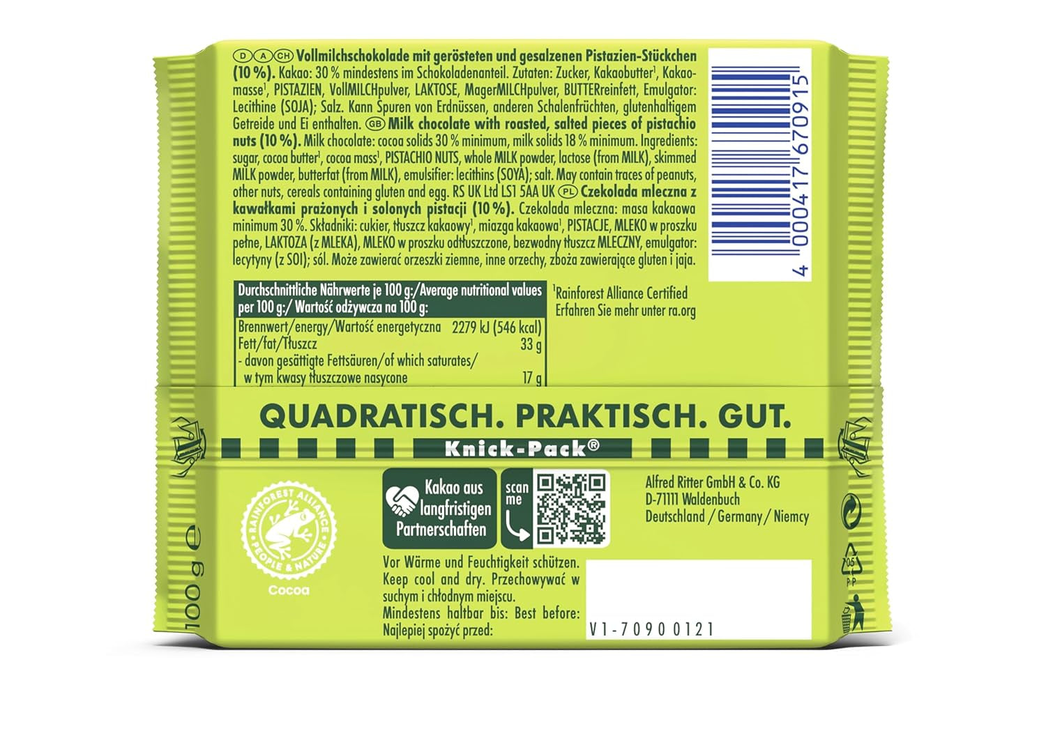 Ritter Sport Pistache, chocolat au lait avec de fins morceaux de pistache, un classique du chocolat, parfait pour grignoter et déguster, une belle idée cadeau, 12 barres x 100g