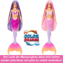 Poupée Sirène BARBIE - Inspirée de la série télévisée "Barbie : Hidden Magic" avec effet de changement de couleur et accessoires, cheveux roses de 19 cm de long à coiffer, pour les enfants à partir de 3 ans, HRP97