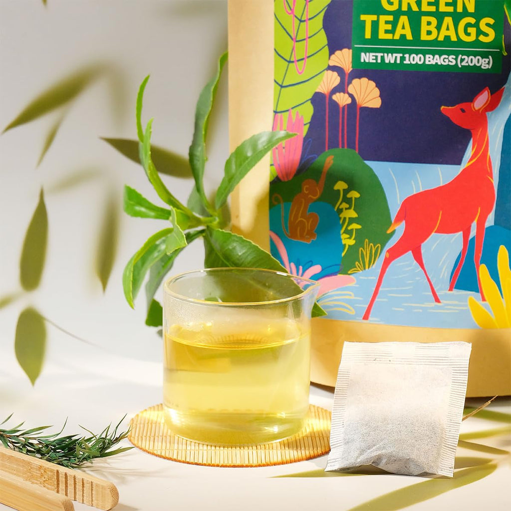 WEETEE Pliculețe de ceai verde, 100 bucăți Pliculețe de ceai verde, ceai verde pur, super antioxidant | Pliculețe resigilabile | Preparare fierbinte sau rece