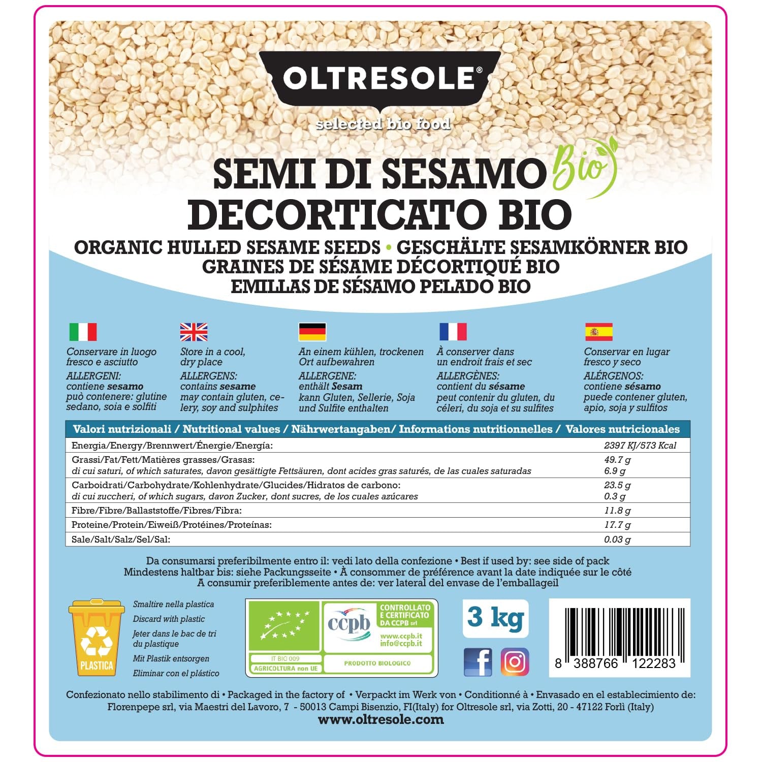 Graines de sésame biologiques 3 kg, graines oléagineuses biologiques crues, sésame blanc, décortiquées naturellement, non torréfiées, source de calcium et de fer, emballage économique